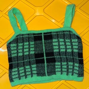 Bershka Small Green and Black Plaid Knit Top